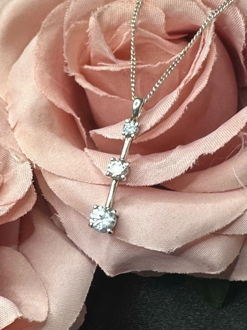 Sterling Silver Drop Pendant Necklace 3-Stone CZ